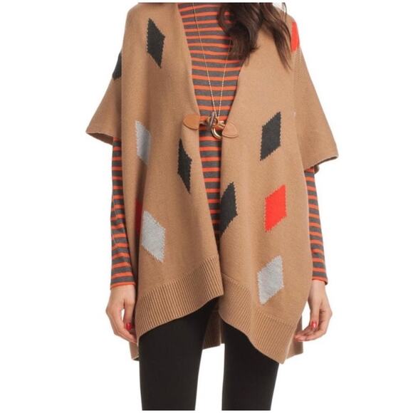Trina Turk Hadlee Merino Wool Diamond Print Poncho Cape Sweater Size XS - Picture 2 of 6